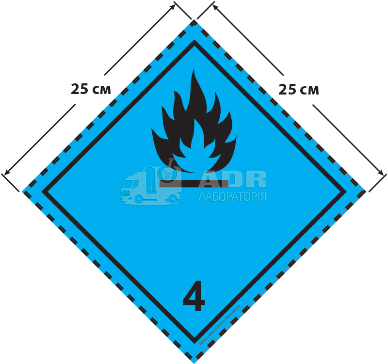 Большой знак опасности 25 на 25 см (№ 4.3) для веществ, выделяющих воспламеняющиеся газы при соприкосновении с водой